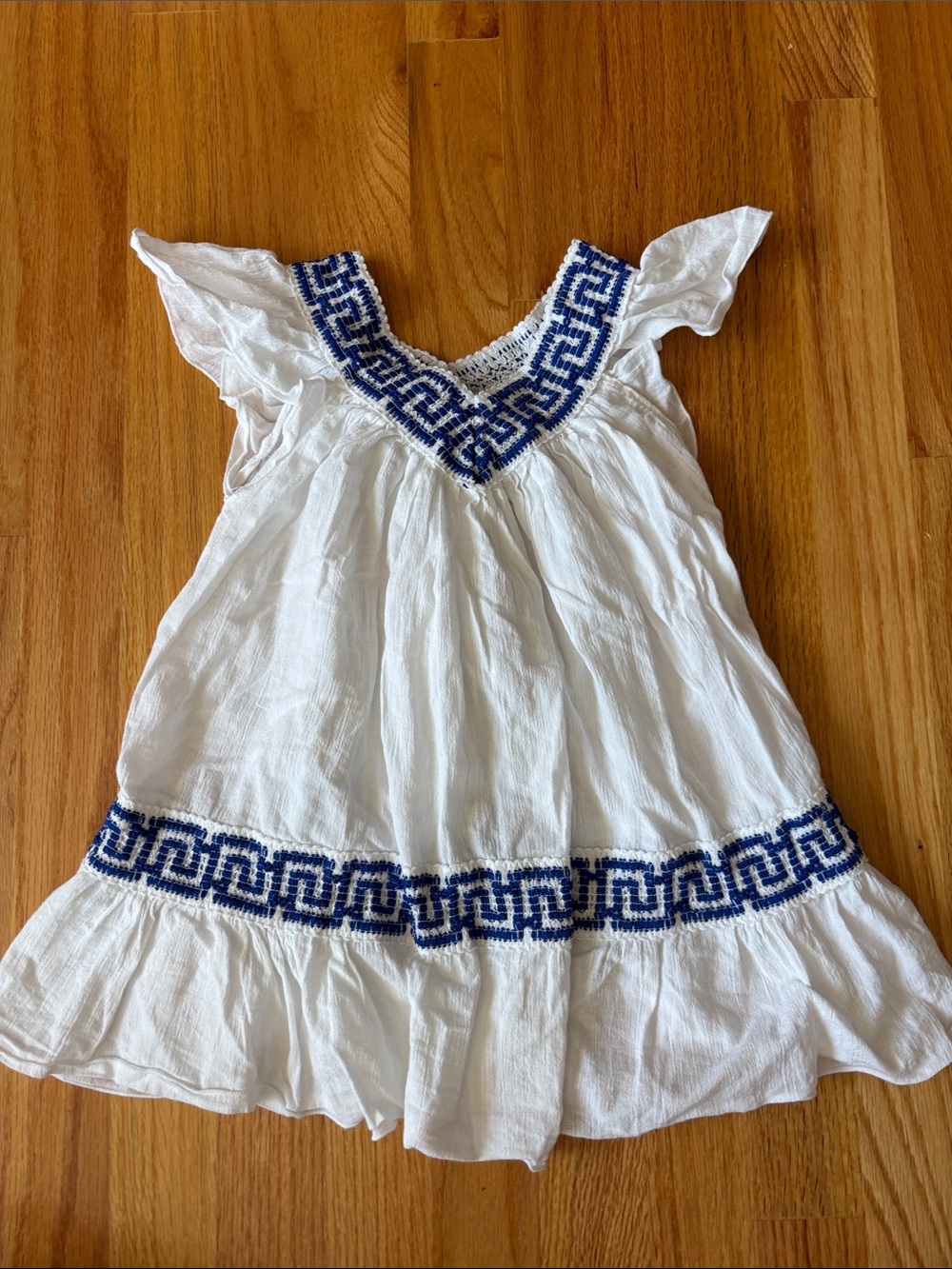 Girls' White Cotton Dress with Blue Geometric Embroidery